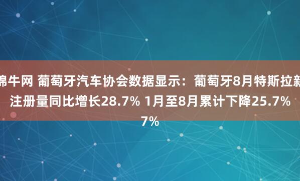 锦牛网 葡萄牙汽车协会数据显示：葡萄牙8月特斯拉新注册量同比增长28.7% 1月至8月累计下降25.7%